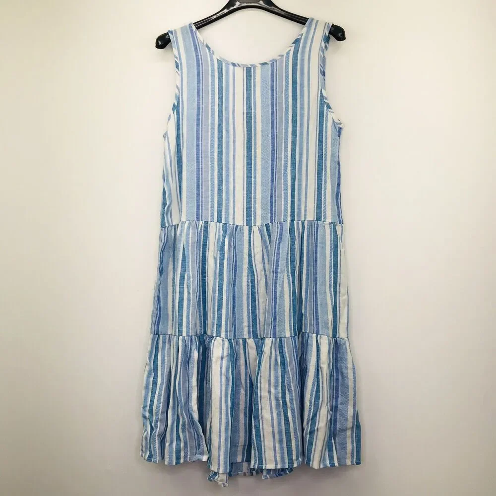Marissa Olivia Women M Dress Babydoll Faux Button Up Stripes Blue NWT Flaw CL7